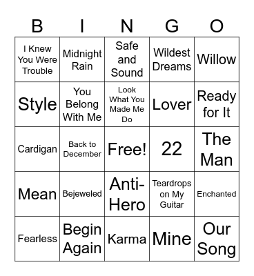 Taylor swift Bingo Card