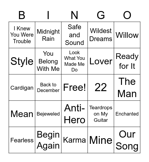 Taylor swift Bingo Card
