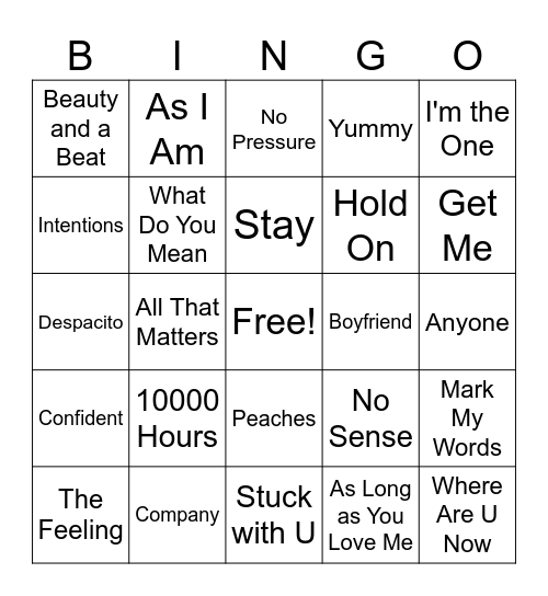 Justin Bieber Bingo Card