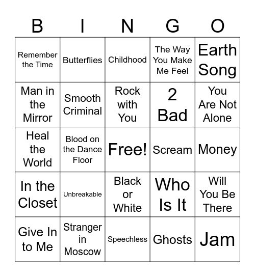 Michael Jackson Bingo Card