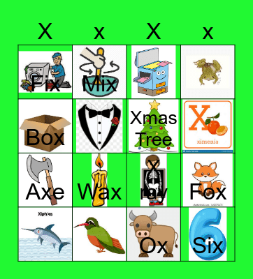 Letter X Bingo Card