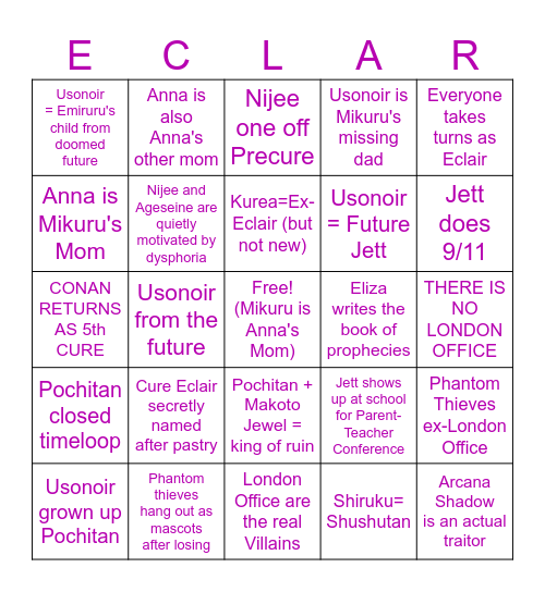 Meitantei Precure Conspiracy Bingo Card
