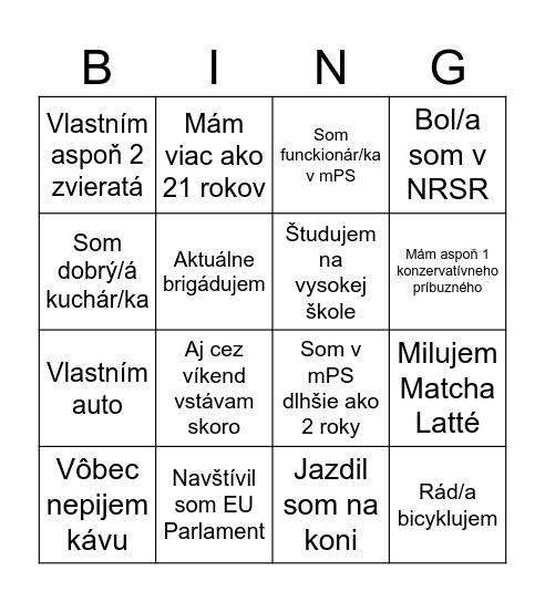 Onboarding event v Poprade Bingo Card