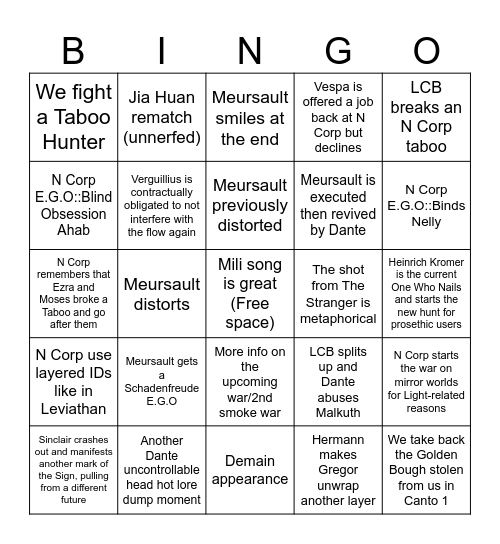 Canto 10 Bingo Card Bingo Card