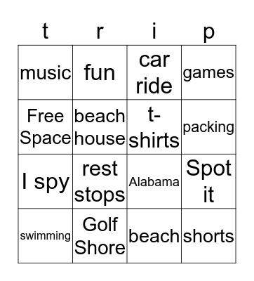 trip Bingo Card