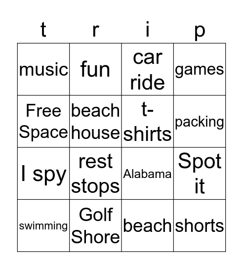 trip Bingo Card