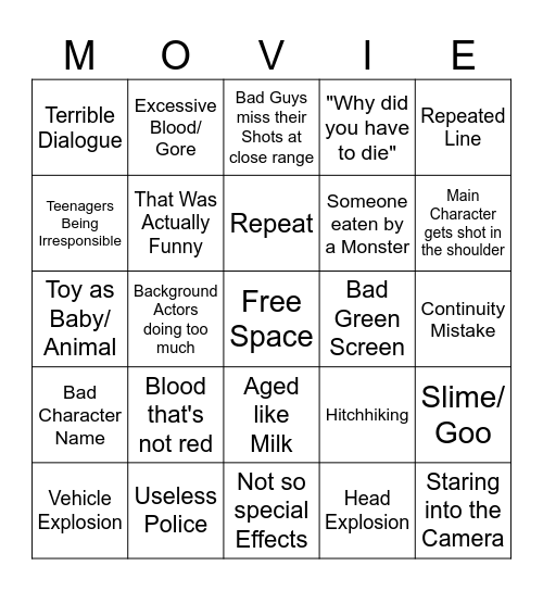 Bad Movie Bingo Card