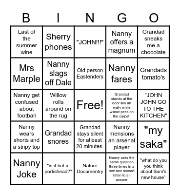 Nanny's house bingo Card