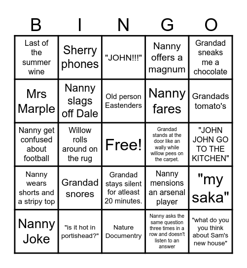 Nanny's house bingo Card