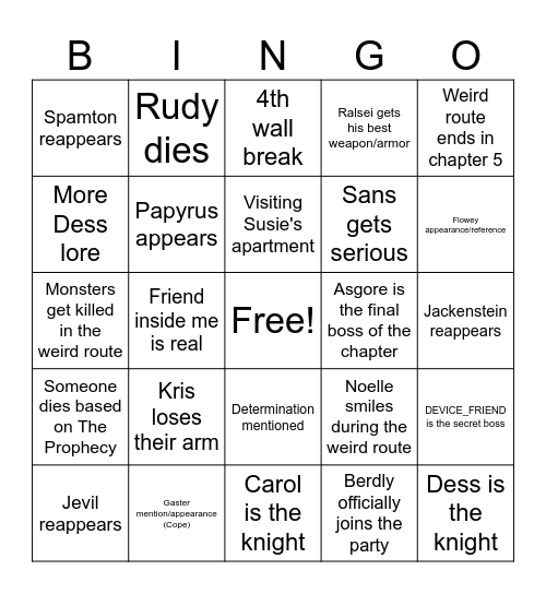 Deltarune Chapter 5 Bingo Card Bingo Card