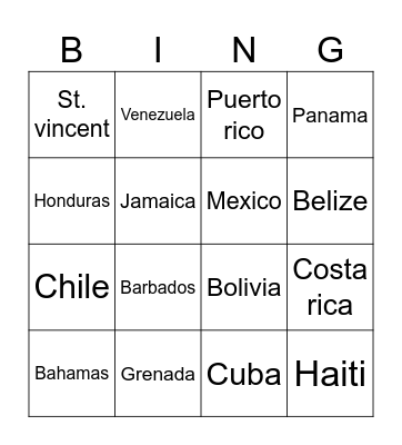 Countries of amrica Bingo Card
