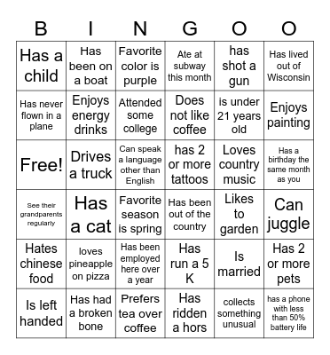 Getting to Know You! Bingo Card