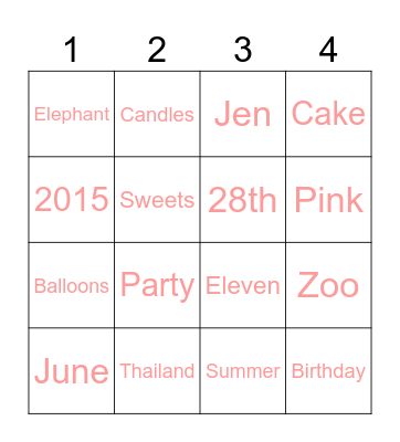 Jen's Birthday Bingo Card