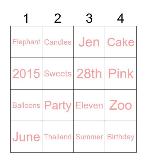 Jen's Birthday Bingo Card
