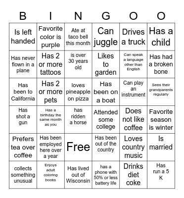 Getting to Know You! Bingo Card