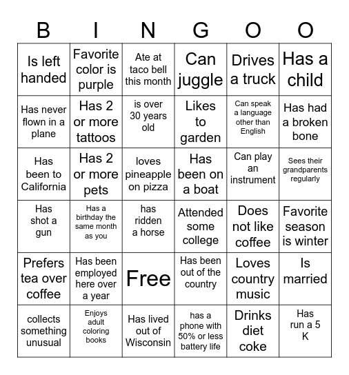 Getting to Know You! Bingo Card