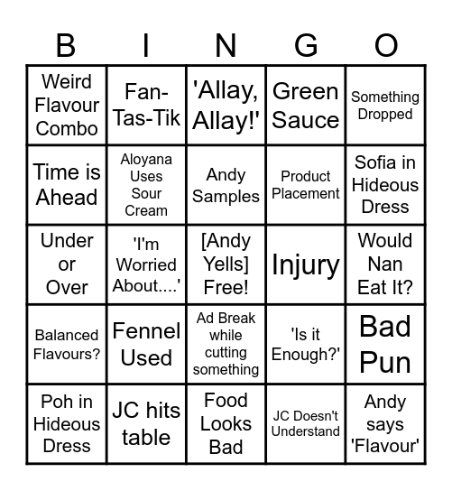 Masterchef Bingo Card