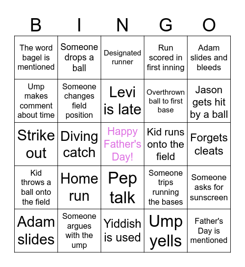 Father's Day Softball Bingo Card