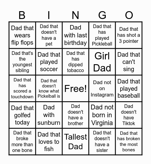 Father's Day Bingo Card