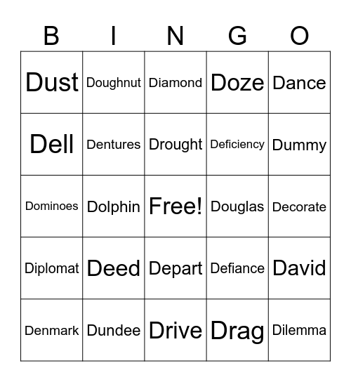 D words Bingo Card