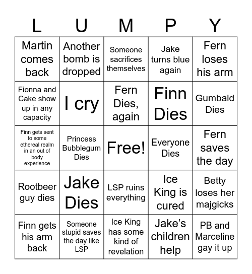 Adventure Time Finale Bingo Card