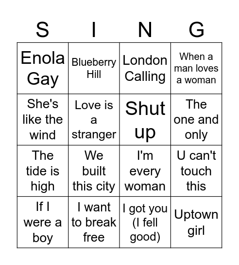 1st LINE LYRICS MUSIC BINGO Card