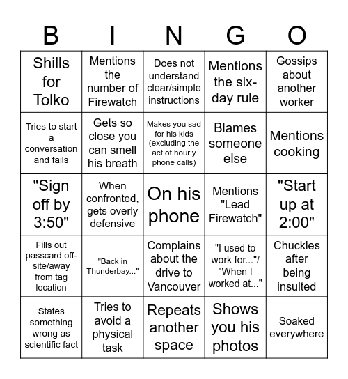 Worker Bingo Card Bingo Card