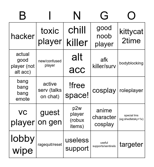 forsaken Bingo Card