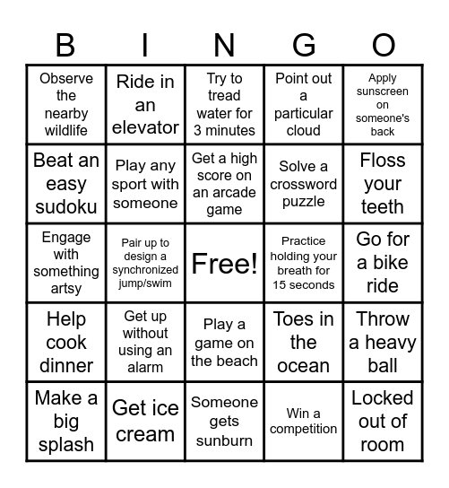 Beach Vacation Bingo Card