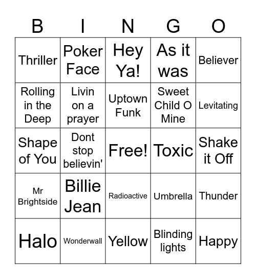 Musical Bingo Card