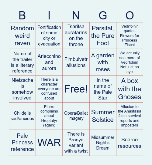 Snezhnaya Trailer Bingo Card