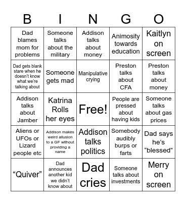 Family Meeting Bingo Card