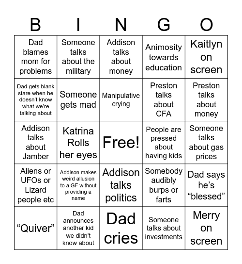Family Meeting Bingo Card
