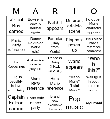 Super Mario Bros. Movie 3 prediction Bingo Card
