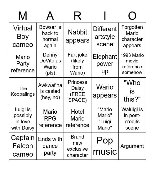 Super Mario Bros. Movie 3 prediction Bingo Card