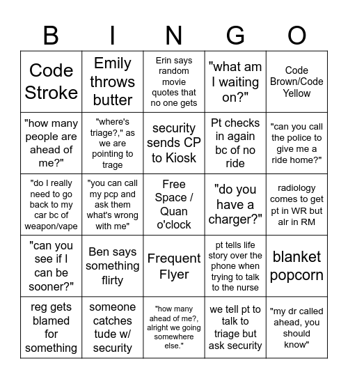 ER REG Bingo Card