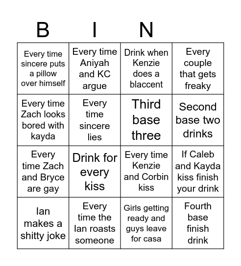 Love Island Bingo Card