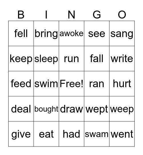 irregular verbs Bingo Card