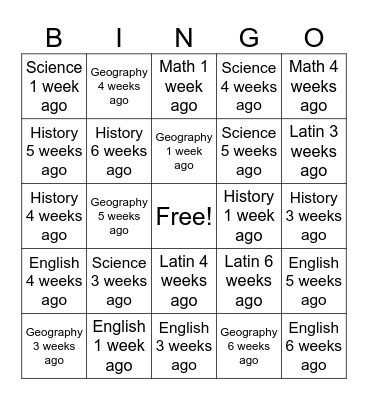 6 Week Review Bingo Card