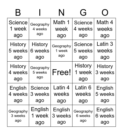 6 Week Review Bingo Card