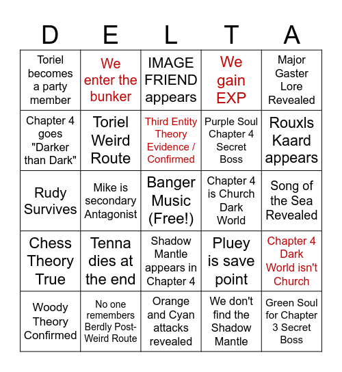 Deltarune Chapter 3&4 Bingo Card