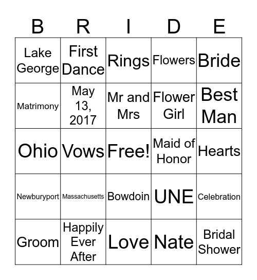 Deanna's Bridal Bingo Card