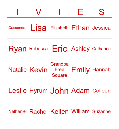 Ivie Family Bingo 2026 Bingo Card