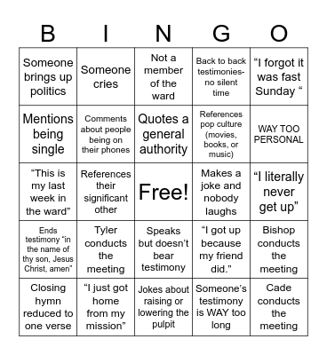 Bluff YSA Bingo Card
