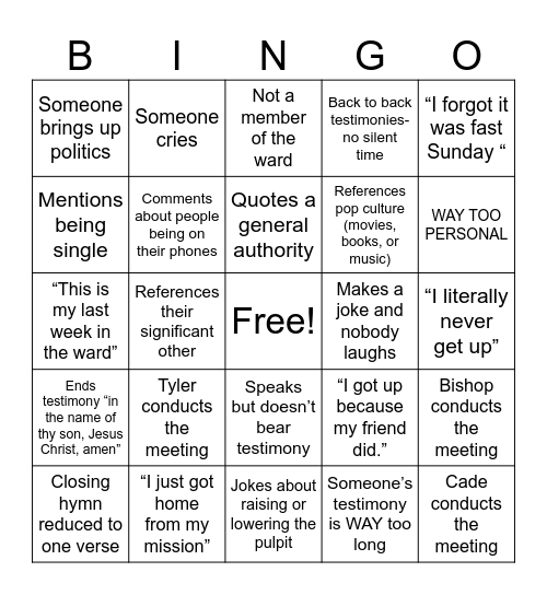 Bluff YSA Bingo Card