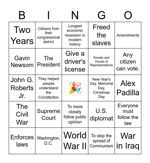 Citizenship Bingo Set 4 Bingo Card