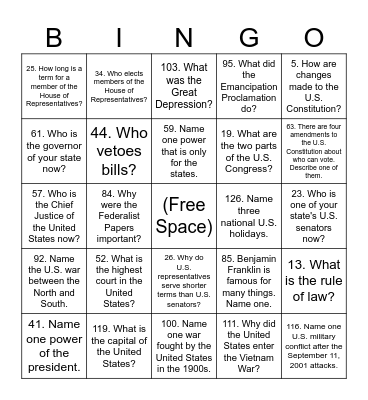 Citizenship Bingo Set 4 Questions Bingo Card