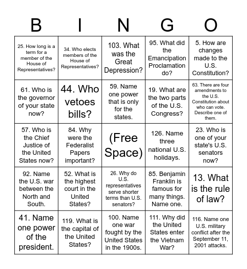 Citizenship Bingo Set 4 Questions Bingo Card