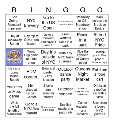 NYC Summer Bucket list Bingo Card