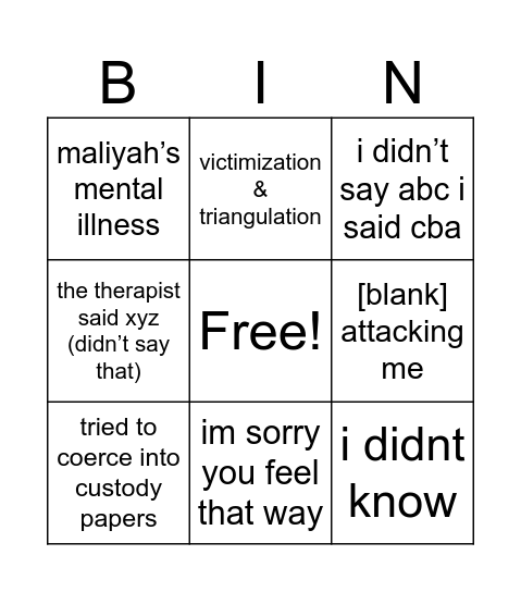 Mom Bingo Card